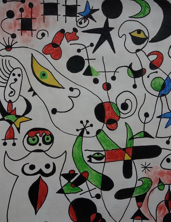 Surrealist Painting With Signature, Inscription, Joan Miro, and