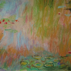 Post impressionism water lilies pastel painting  with signature inscription Claude Monet , also collection stamp on verso and document