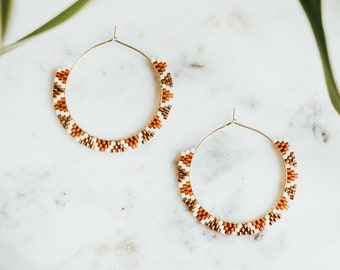 Boho Hippie Brass Beaded Hoop Earrings | Burnt Orange & Brass