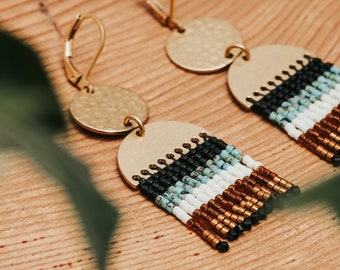 Gold Brass Beaded Fringe Earrings, Handmade Seed Bead Earrings, Geometric Design, Earrings Fringe, Boho Style