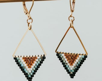 Gold Brass Beaded Fringe Earrings, Handmade Seed Bead Earrings, Geometric Triangle Design, Earrings Fringe, Boho Style, Earth Tones