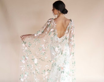 Cape veil with flowers | Bridal cape veil l Floral embroidered wedding cape | Floral Veil | Tulle Cape | Draped Veil | Bohemian Vei|FLORENCE