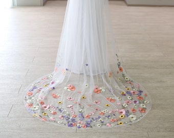 Floral wedding veil, flower cathedral veil, embroidered veil with 3d flowers, leaf veil, coloured veil, flower cape, cape veil with flowers