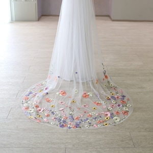 Floral wedding veil, flower cathedral veil, embroidered veil with 3d flowers, leaf veil, coloured veil, flower cape, cape veil with flowers