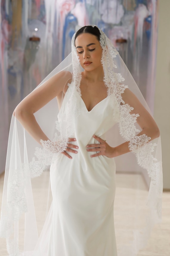 Elegant Sheer Lace Overlay Cream Veil Chantilly Lace Trim, 90 inch length 90 Inch Wedding Veil - Etsy main image 4