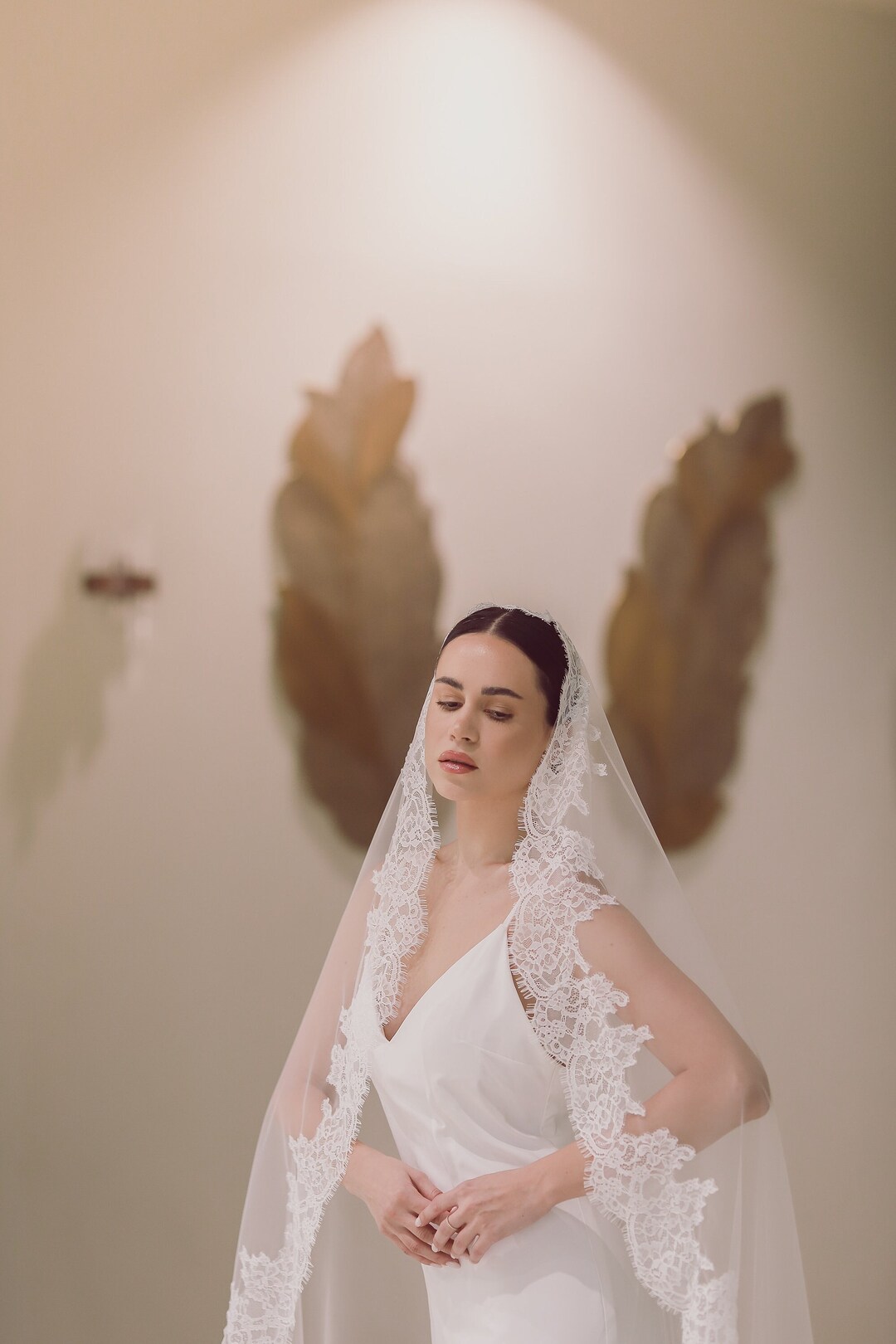 New One Tier Bridal Veil with Eyelash lace Trim Mantilla Lace Veil Soft Wedding Veil