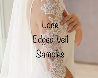 Lace edged veil samples, lace samples, tulle sample, fabric swatches, lace trim swatches, lace trim veil swatches