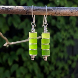 Jade Bead Earrings. Stone Beads & Sterling Silver Beaded Stack. UK Handmade Boho Earrings