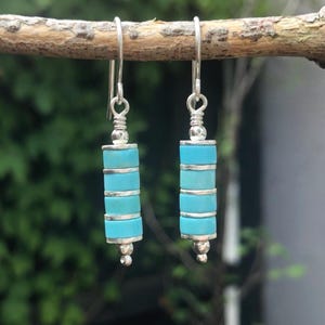 Turquoise Bead Earrings. Stone Beads & Sterling Silver Beaded Stack. UK Handmade Boho Earrings
