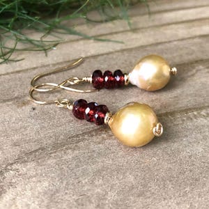 Gold Baroque Pearl & Garnet Earrings. Gold Vermeil / Gold Filled. Unique Dangly Vintage Style Handmade Bohemian Earrrings Gift For Her