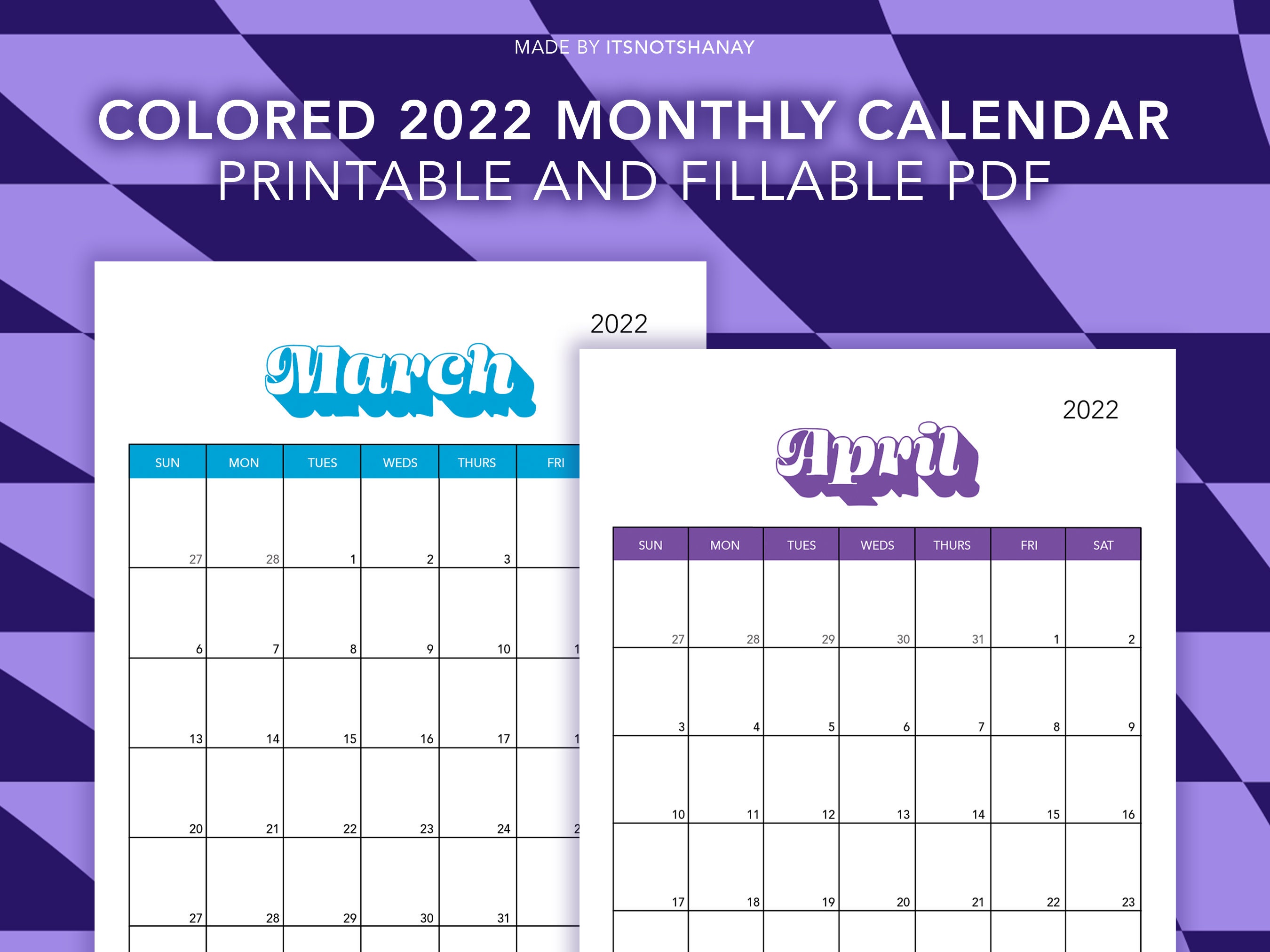 2022 Colored Monthly Calendar Printable Calendar Portrait | Etsy