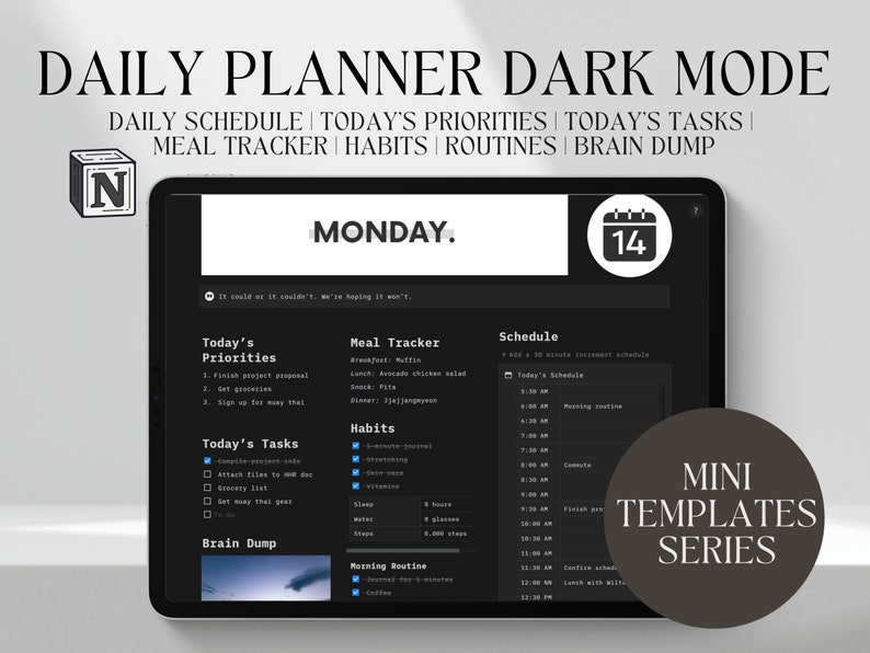 Notion Template Daily Schedule Planner Dark Mode Notion Etsy