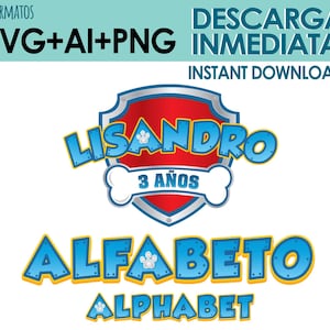 Może przedstawiać: Cyfrowy projekt z napisem "LISANDRO" w kolorze niebieskim, obramowanym na żółto, nad "3 AÑOS" na czerwono-niebieskiej tarczy. Poniżej, "ALFABETO" i "ALPHABET" są wyświetlane w podobnym stylu. Projekt zawiera tekst "SVG+AI+PNG" i "NATYCHMIASTOWE POBIERANIE!"