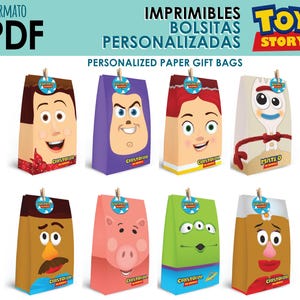 Puede incluir: Bolsas de regalo imprimibles con temática de Toy Story con personajes como Woody, Buzz Lightyear, Jessie, Forky, Mr. y Mrs. Potato Head y Alien. Las bolsas están personalizadas con el texto "CHISTO" y "MATEO".