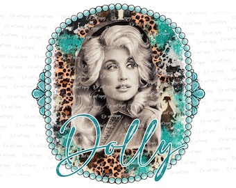 May include: A digital graphic design featuring a black and white portrait of a woman with voluminous blonde hair, set against a background of leopard print and turquoise textures, framed by a beaded border with the word Dolly in teal script.