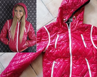 Patent Jacket Hood Size XL Red Lacquer Vinyl Windbreaker vintage Quilted Jacket Hooded Jacket Rain Jacket