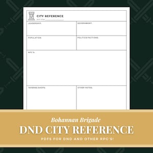 Notas para referência do gerador de cidade de Dungeons and Dragons Notas de mesa Presentes para ele Presentes para DM Notas de personagens Referência de acessórios em PDF