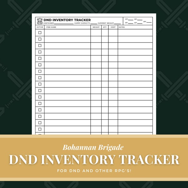 Notes for Dungeons and Dragons inventory tracker Tabletop Notes Gifts for Him Gifts for DM DND Character notes PDF Accessories reference