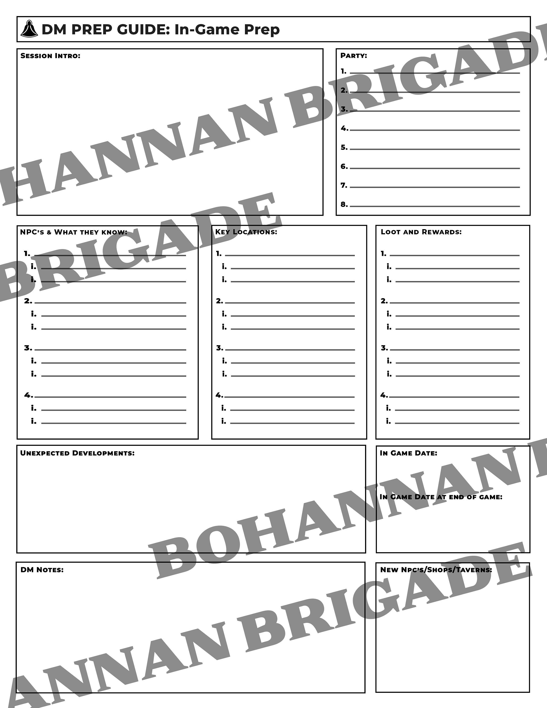 Dnd Dm Prep Notes | Tabletop Rpg Session Planner (pdf Download) - Etsy
