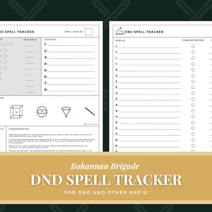 May include: A printable Dungeons and Dragons spell tracker sheet with sections for spell slots, cantrips, spells, concentration, and range. The sheet is black and white with a gold banner at the bottom that reads "Bohannan Brigade DND Spell Tracker for DND and other RPG's!"