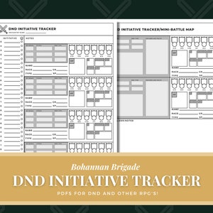 Pode incluir: Um rastreador de iniciativa e um mapa de batalha mini imprimíveis para Dungeons and Dragons (D&D). O rastreador tem espaço para 26 personagens com colunas para nome, raça, tipo, iniciativa, notas, bônus de ataque, dano e pontos de experiência. O mapa de batalha mini tem espaço para 10 personagens com colunas para pontos de vida, classe de armadura, força, destreza, constituição, inteligência, sabedoria, carisma e iniciativa.