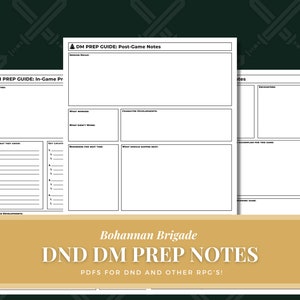 May include: A printable Dungeons and Dragons (DND) DM prep guide with the title "Bohannan Brigade DND DM Prep Notes PDFs for DND and other RPG's!" The guide includes sections for in-game notes, post-game notes, and encounter notes.