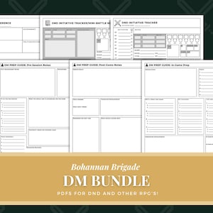 May include: A printable PDF bundle for Dungeon Masters (DMs) running Dungeons and Dragons (D&D) or other role-playing games (RPGs). The bundle includes a city reference sheet, initiative trackers, and DM prep guides for pre-session, post-game, and in-game prep.