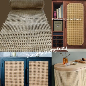 May include: A collection of furniture pieces featuring woven cane detailing. The image includes a roll of cane webbing, a cabinet with a cane door, and two other cabinets with cane accents. The text "Customer's feedback" is visible.