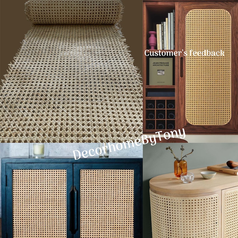 May include: A collection of furniture pieces featuring woven cane detailing. The image includes a roll of cane webbing, a cabinet with a cane door, and two other cabinets with cane accents. The text "Customer's feedback" is visible.