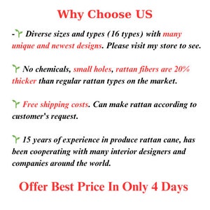 May include: White background with red and green text. The text reads "Why Choose US" followed by bullet points highlighting product features, including diverse sizes, unique designs, and 15 years of experience. The text also mentions rattan fibers.