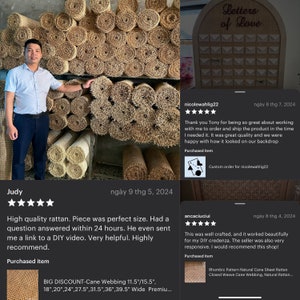 May include: A display of rolled rattan cane webbing, with a person standing next to it. The rolls are various sizes and textures. The image also shows a decorative wooden sign that says "Letters of Love".