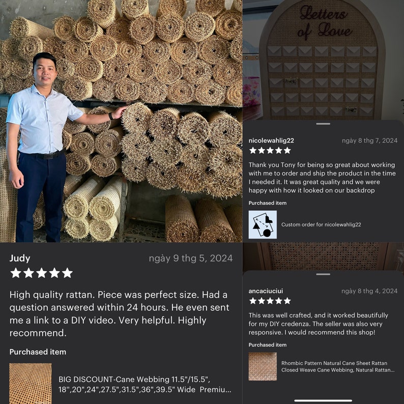 May include: A display of rolled rattan cane webbing, with a person standing next to it. The rolls are various sizes and textures. The image also shows a decorative wooden sign that says "Letters of Love".
