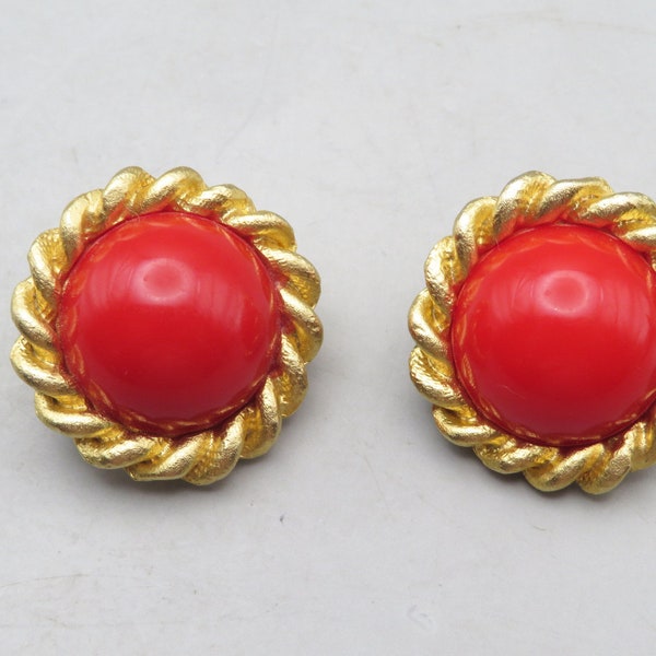 Vintage Ellen Designs Clip on Gold Tone and Red Earrings, Vintage 1980's Jewelry, Shabby Chic Earrings