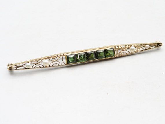 Edwardian 14k Gold Green Tourmaline and Seed Pear… - image 1