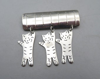 Sterling Silver Taxco Cat Brooch Pin 3 Swinging Cats Pin Sterling Silver Cats Pin Vintage Sterling Tiger Cats Pin