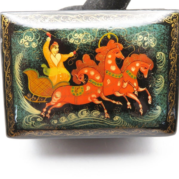 Russian Lacquer Box Vintage Handmade Papier-Mache Artist Signed Lady Driving a Horse Drawn Sleigh Great gift Item