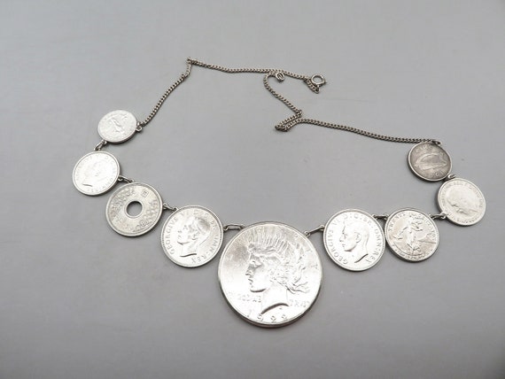 1922 S Silver Peace Dollar Necklace, Foreign Coin… - image 1
