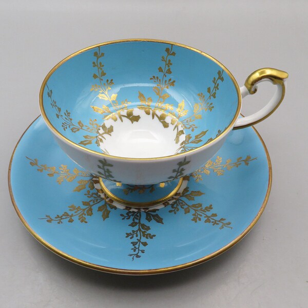 Aynsley Bone China Pedestal Teacup and Saucer (F 2878) Turquoise - England, Vintage English Cup and Saucer