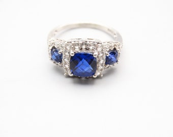 Sterling Cocktail Ring Sterling Silver Ring with Blue and Clear CZ Cubic Zirconia Stones Size 8 1/4 Elegant  Great Gift