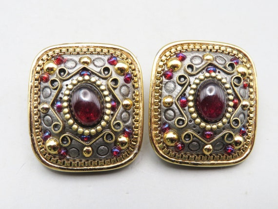 Michal Golan Gold Tone and Red Stone Etruscan Sty… - image 1