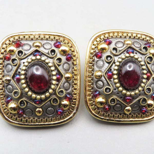 Michal Golan Gold Tone and Red Stone Etruscan Style Clip Earrings, Vintage Shabby Chic Earrings, Boho Hippie Style Earrings, Fun Gift Idea