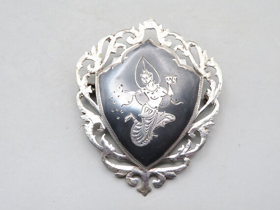Sterling Niello Siam Pin- Mani Mekhala Goddess Pin- Detailed Siam Sterling Pin- Siam Goddess Jewelry- Vintage Siam Sterling Pin