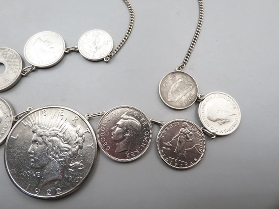 1922 S Silver Peace Dollar Necklace, Foreign Coin… - image 2