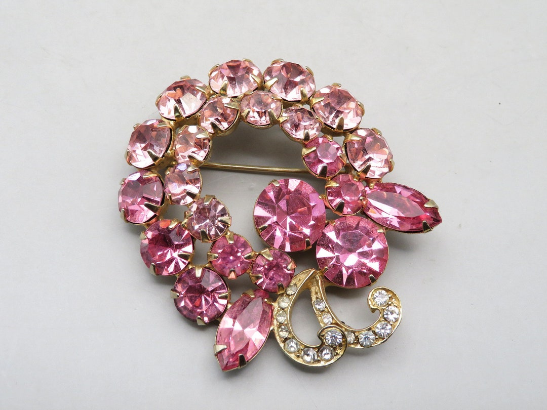 Vintage Weiss Pink Rhinestone Pin Brooch Mid Century Jewelry Etsy