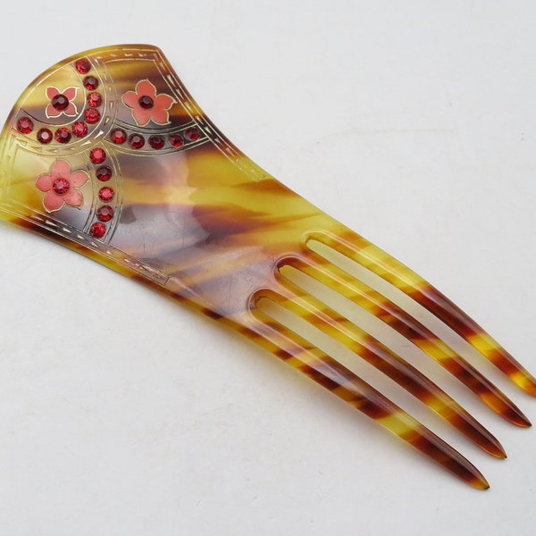 Antique Victorian Spanish Style Hair Comb in Celluloid Faux Tortoiseshell with Red Rhinestones, Antique Hair Clip