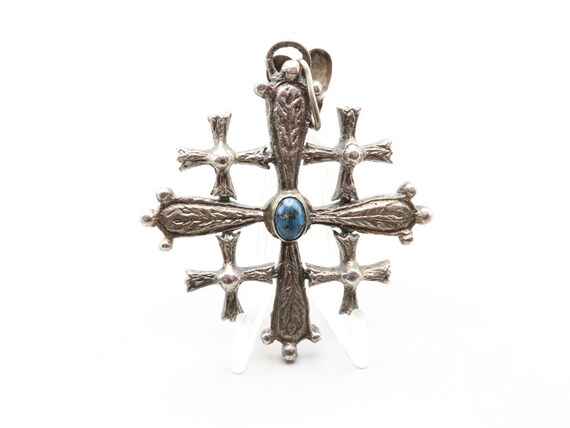 Silver Jerusalem Cross Pendant, Antique Catholic Medallion, 2 Inch Silver Cross Necklace Pendant Cross with Turquoise Stone