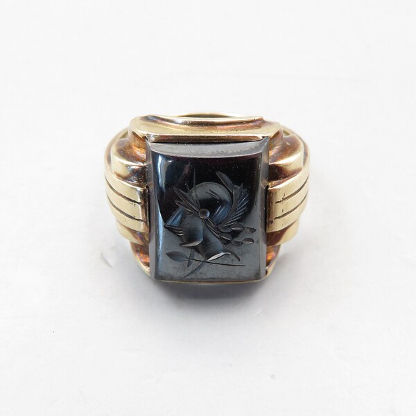 10K Carved Hematite Intaglio Soldier Men's Retro Ring, Size 10, Yellow Gold, Antique Men's Gold Ring