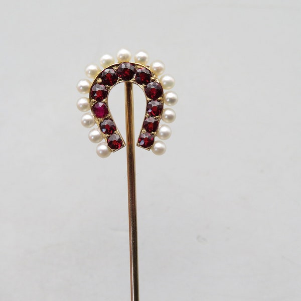 Gold Stick Pin Art Nouveau 14k Gold Garnet and Pearl Horseshoe Stick Pin Lapel Pin Dress Up Antique Jewlery for Him or Her Good Luck