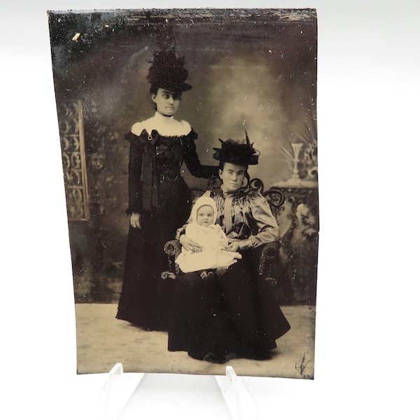 Antique Tintype Photo of 2 Women in Big Victorian Hats and a Baby Victorian Photograph Free Shipping