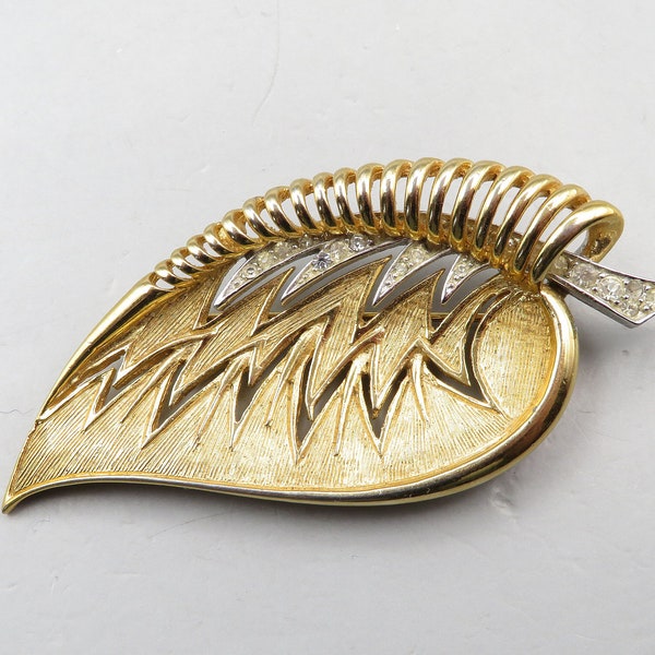 BOUCHER Signed Crystal Rhinestone Gold & Silver Tone Textured Leaf Brooch, Unusual Shape, Vintage French Jewelry, Gift Item